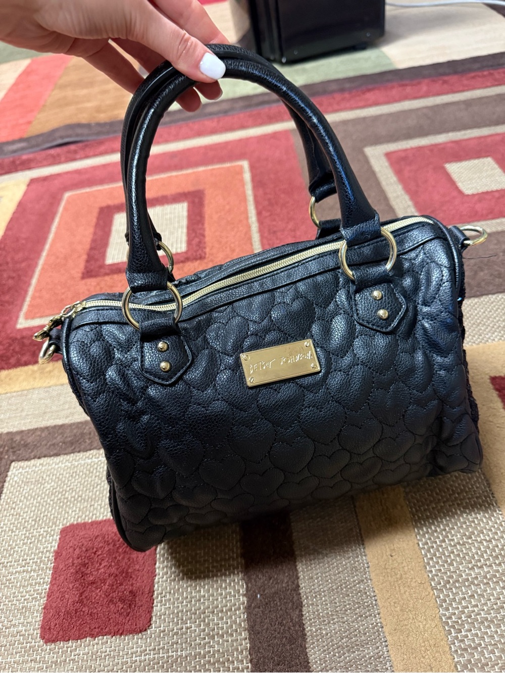 Betsey Johnson Black Quilted Heart Bowling Bag with Gold Hardware
